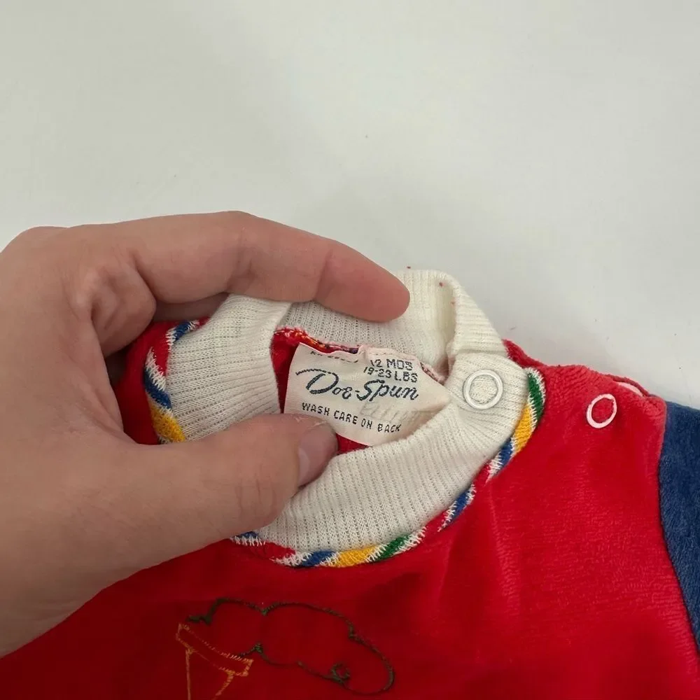 Vintage Doe Spun Red Baby Romper with Train Embroidery